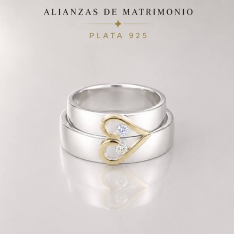 Anillo en plata ley 925 para pareja silueta corazón laminado - mujer talla 7:8 / hombre talla 11:12