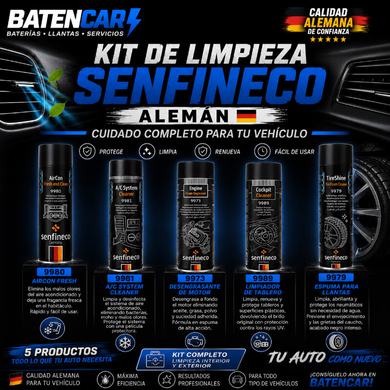 KIT SENFINECO DE LIMPIEZA AUTOMOTRIZ – Cuidado integral del aire acondicionado, motor, tablero y neumáticos