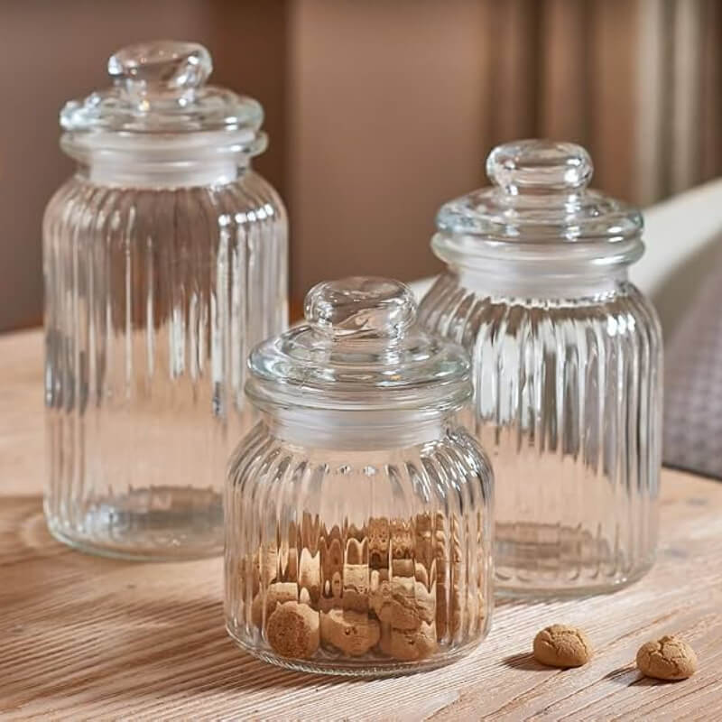 Set de 3 Frascos de Vidrio Acanalados con Tapa Hermética | Organización y Estilo Vintage para tu Cocina
